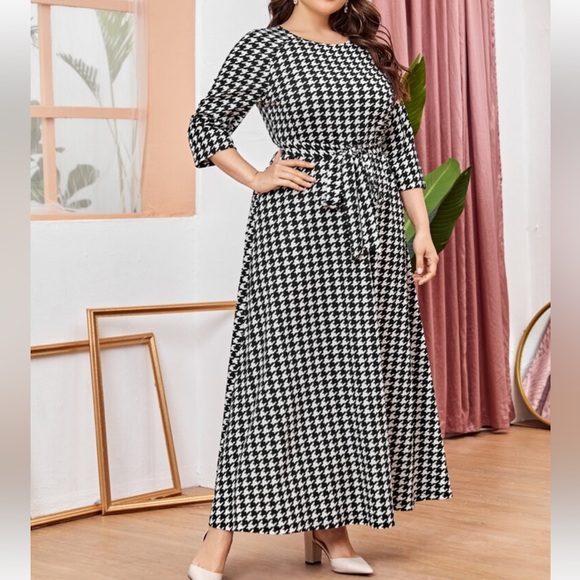 Classic Elegant Houndstooth Belted Long Sleeve Dress Black White - Picture 1 of 5
